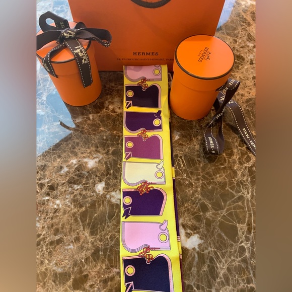 HERMES SILK CAMAILS JAUNE ENCRE YELLOW PURPLE MAUVE BANDEAU TWILLY WRAPS 2 SET - Picture 3 of 11